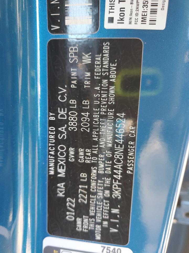 2022 Kia Forte Gt VIN: 3KPF44AC8NE446524 Lot: 92630055
