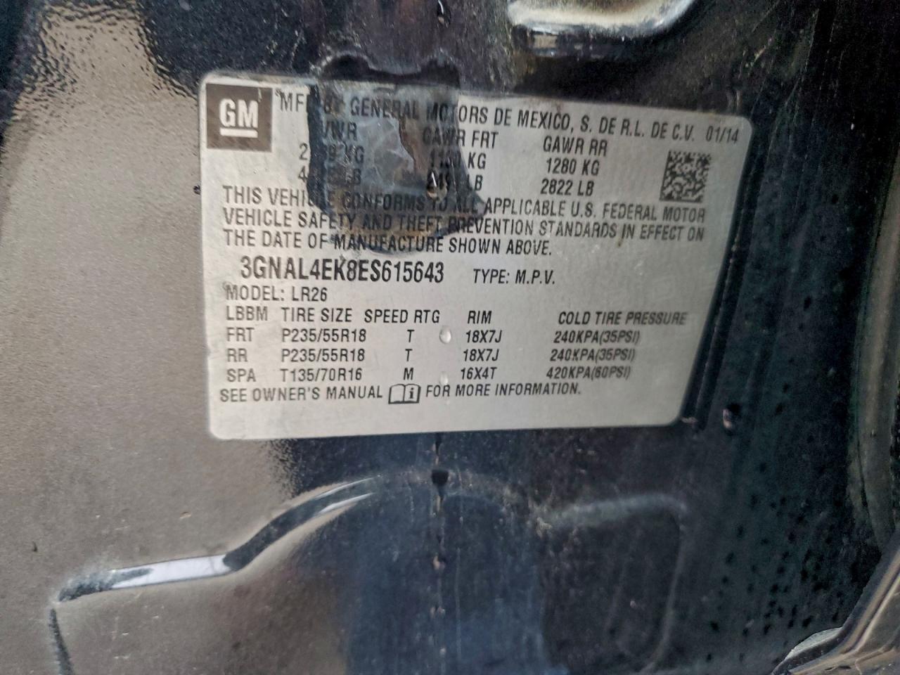 2014 Chevrolet Captiva Ltz VIN: 3GNAL4EK8ES615643 Lot: 94284675