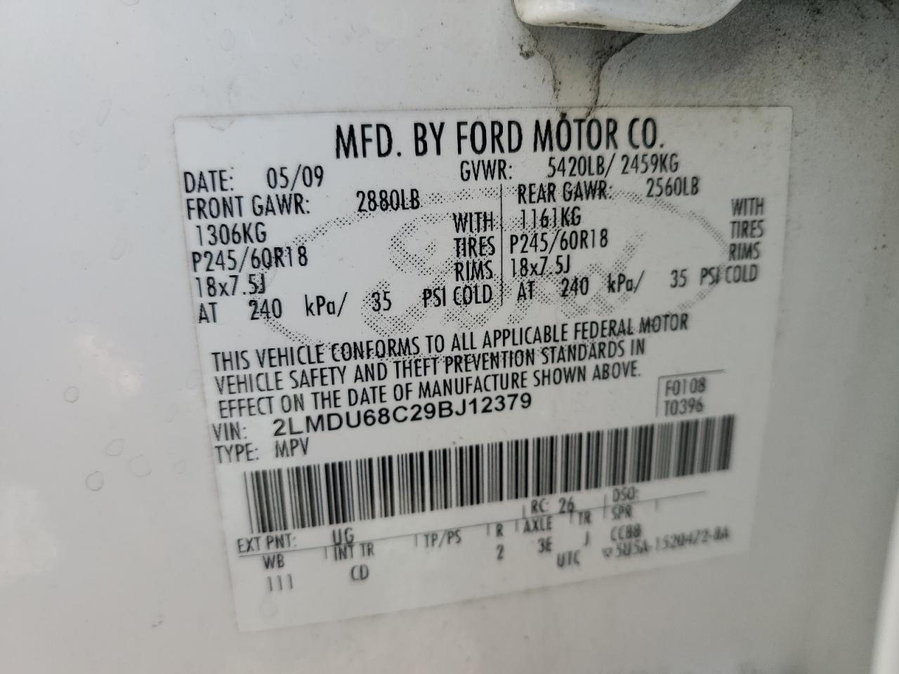 2009 Lincoln Mkx VIN: 2LMDU68C29BJ12379 Lot: 91120915