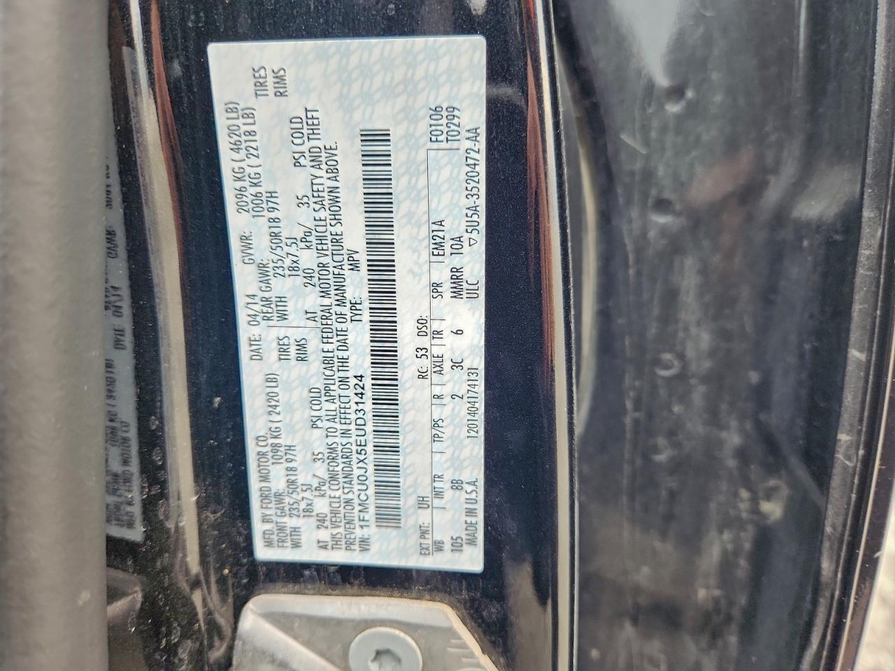 2014 Ford Escape Titanium VIN: 1FMCU0JX5EUD31424 Lot: 94318975