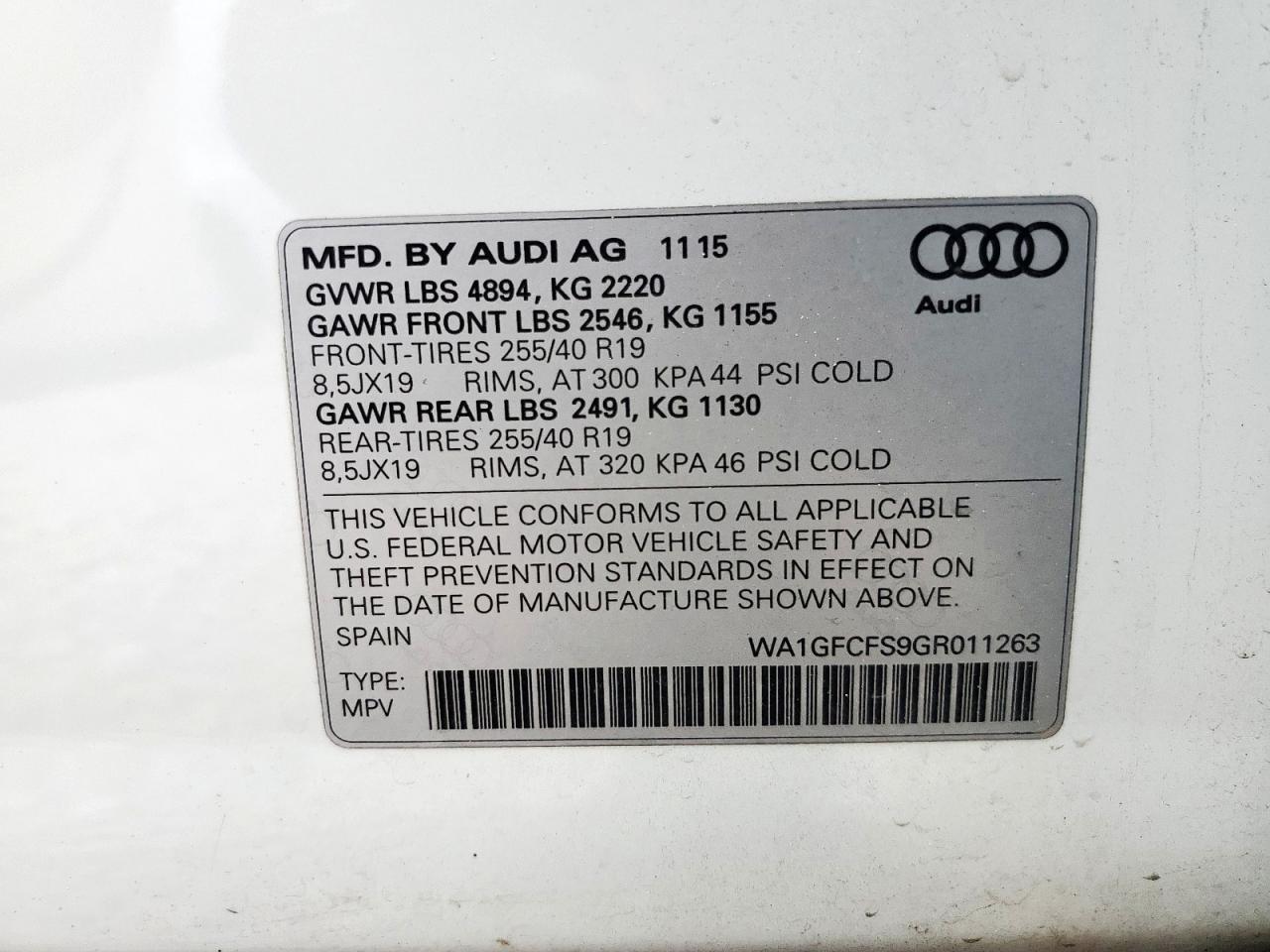 2016 Audi Q3 Prestige VIN: WA1GFCFS9GR011263 Lot: 93302605