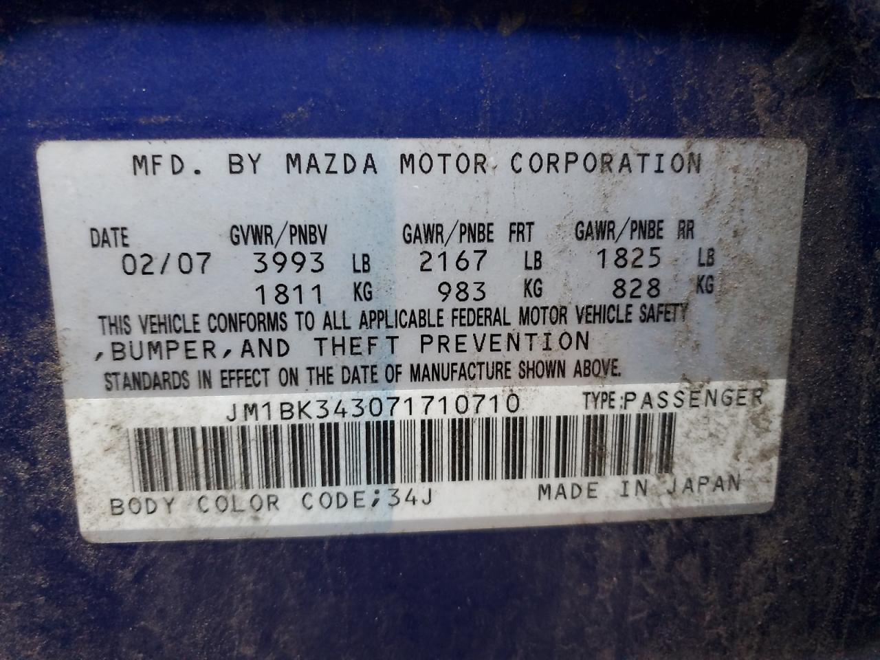 2007 Mazda 3 Hatchback VIN: JM1BK343071710710 Lot: 93692535