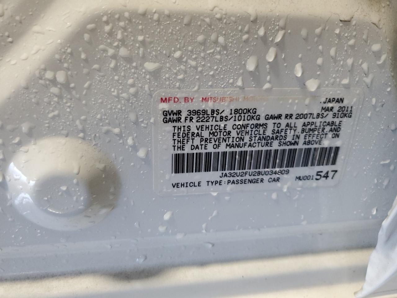 2011 Mitsubishi Lancer Es/Es Sport VIN: JA32U2FU2BU034809 Lot: 92577275