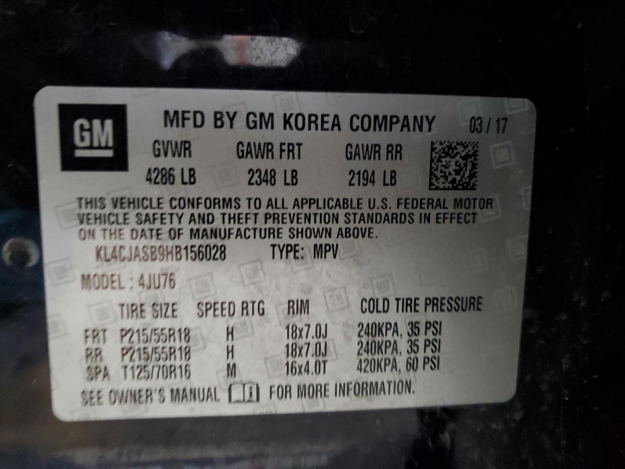 2017 Buick Encore Preferred VIN: KL4CJASB9HB156028 Lot: 92591065