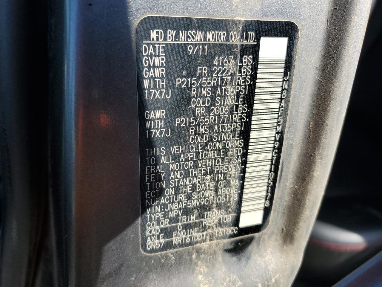 2012 Nissan Juke S VIN: JN8AF5MV9CT105178 Lot: 92306535