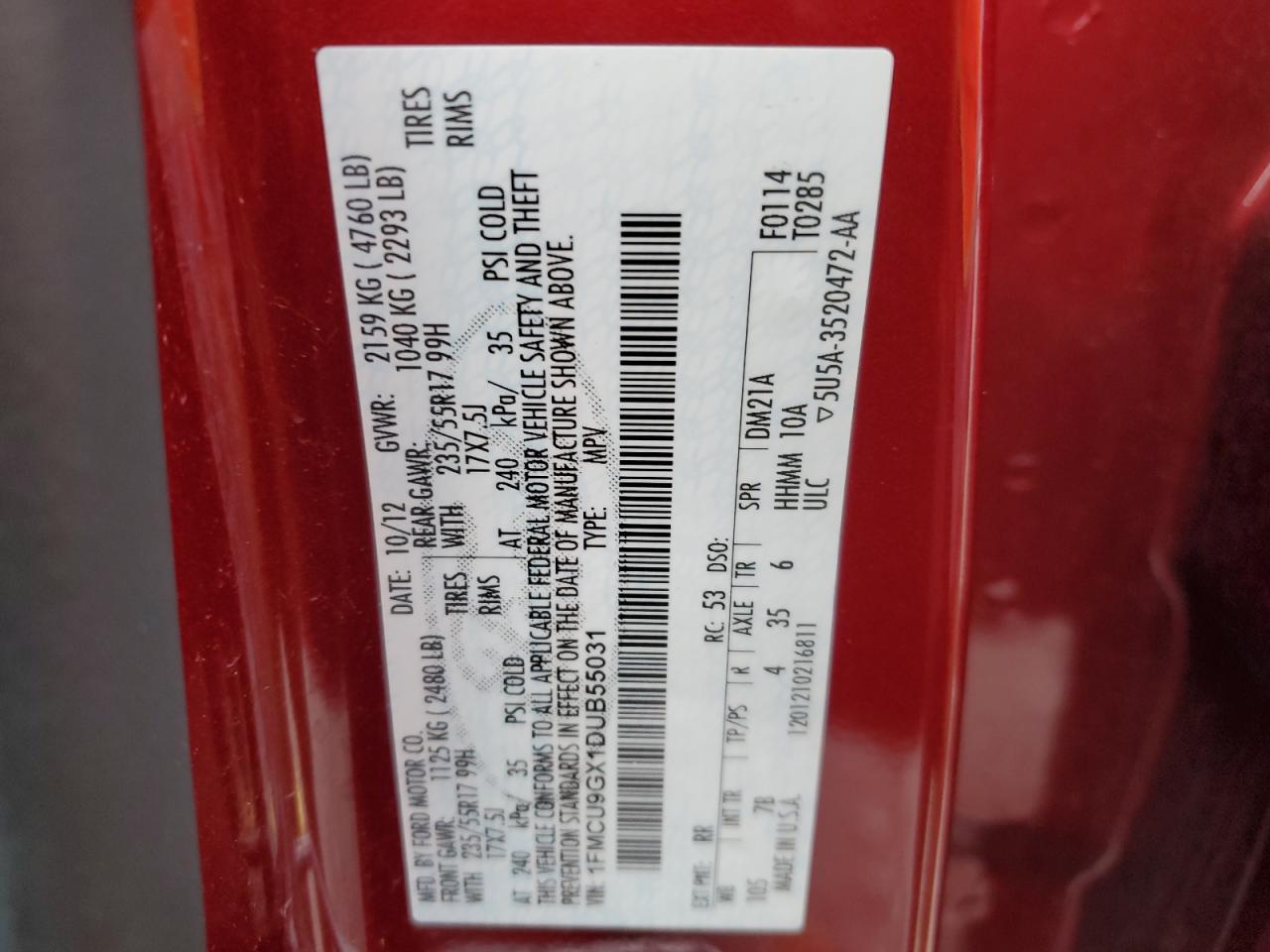 2013 Ford Escape Se VIN: 1FMCU9GX1DUB55031 Lot: 93702795