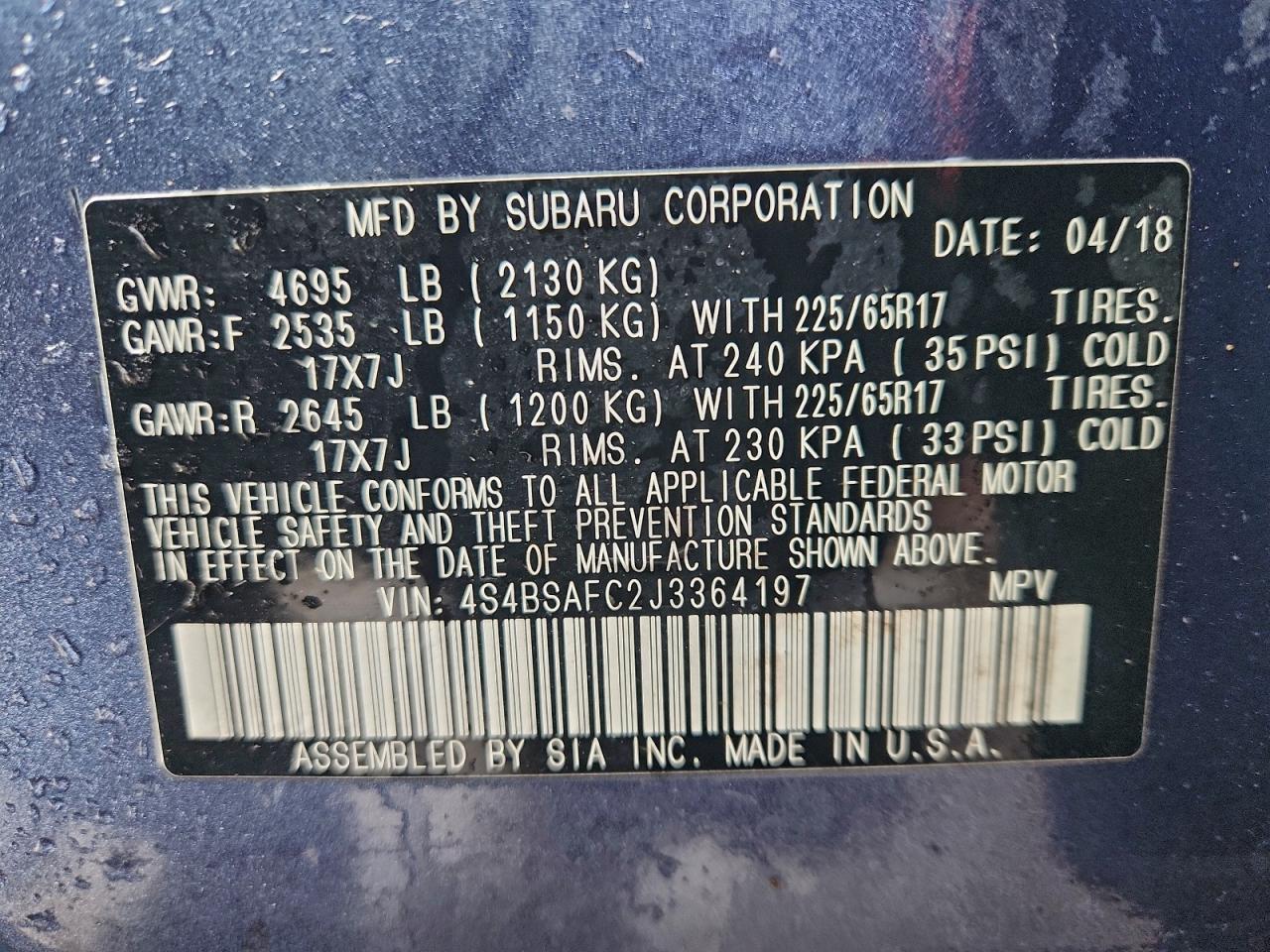 2018 Subaru Outback 2.5I Premium VIN: 4S4BSAFC2J3364197 Lot: 93654445