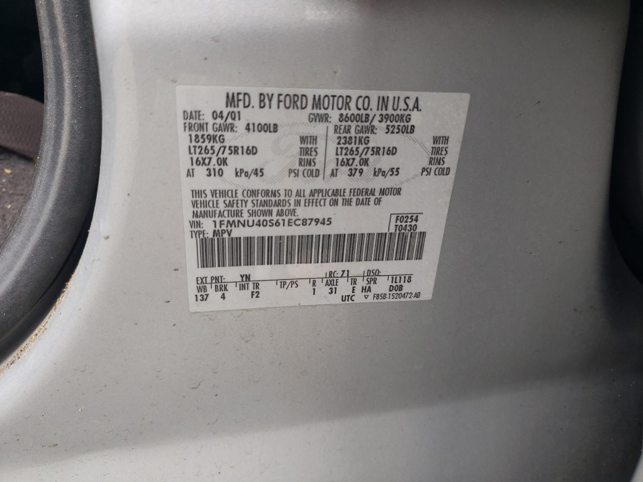 2001 Ford Excursion Xlt VIN: 1FMNU40S61EC87945 Lot: 92665075