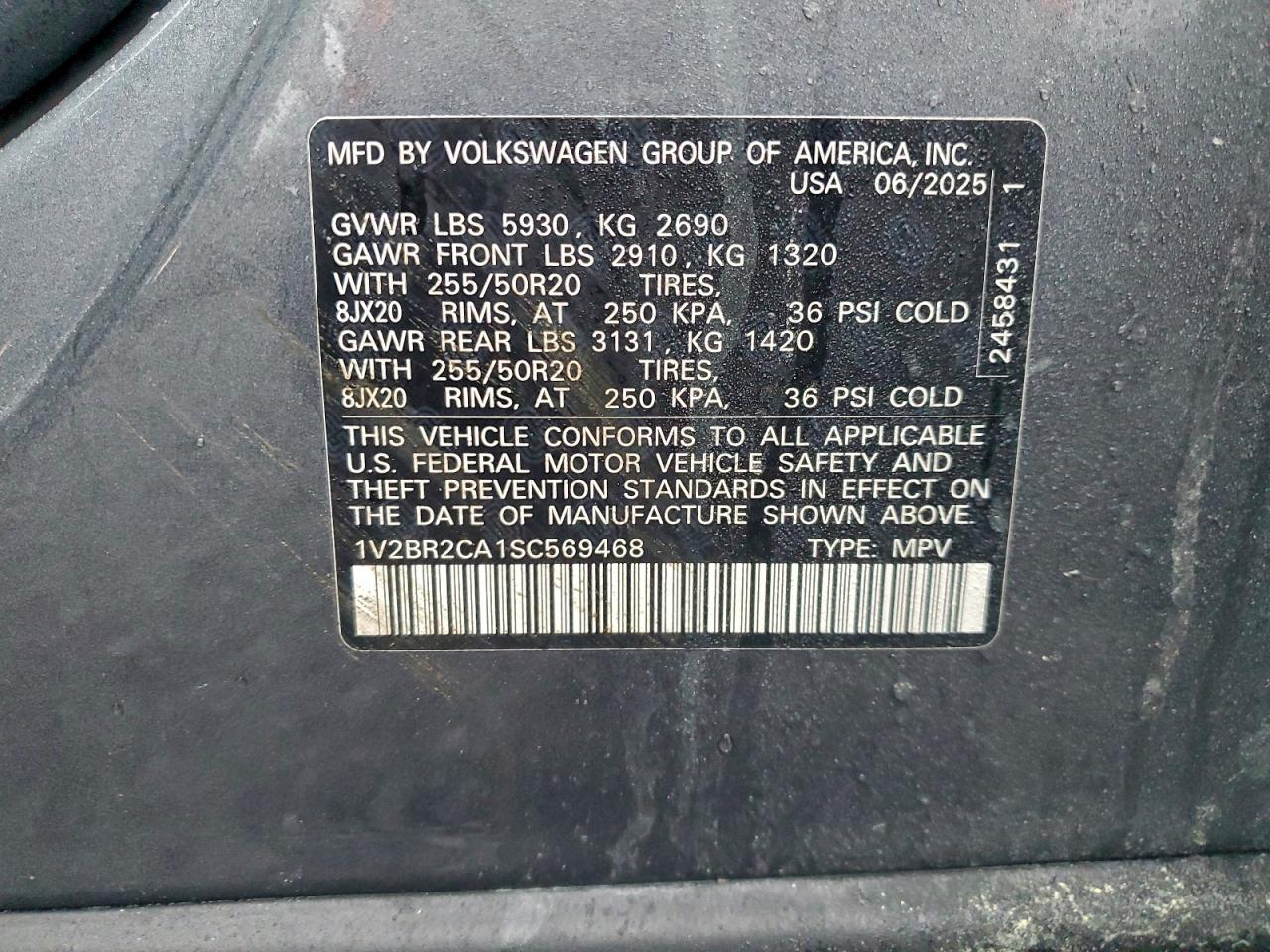 2025 Volkswagen Atlas Sel VIN: 1V2BR2CA1SC569468 Lot: 94763485