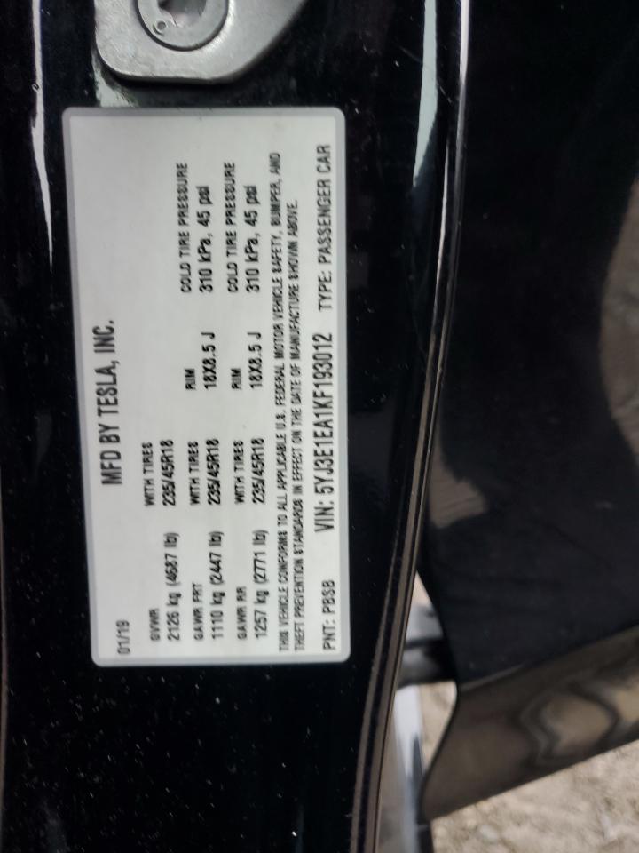 2019 Tesla Model 3 VIN: 5YJ3E1EA1KF193012 Lot: 93855555