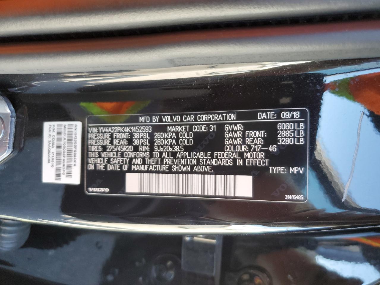 2019 Volvo Xc90 T6 Momentum VIN: YV4A22PK4K1452593 Lot: 91065935