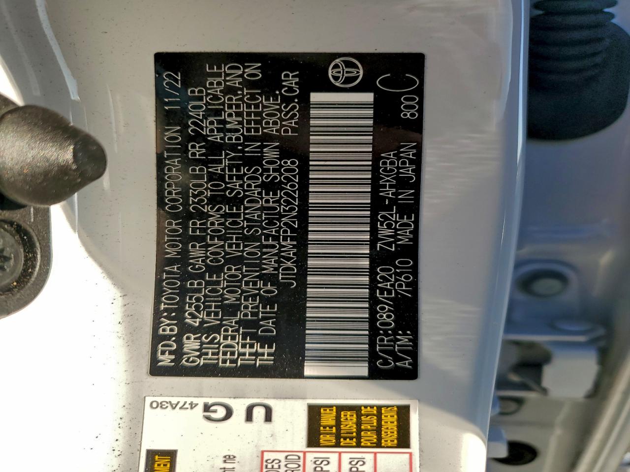 2022 Toyota Prius Prime Le VIN: JTDKAMFP2N3226208 Lot: 94053935