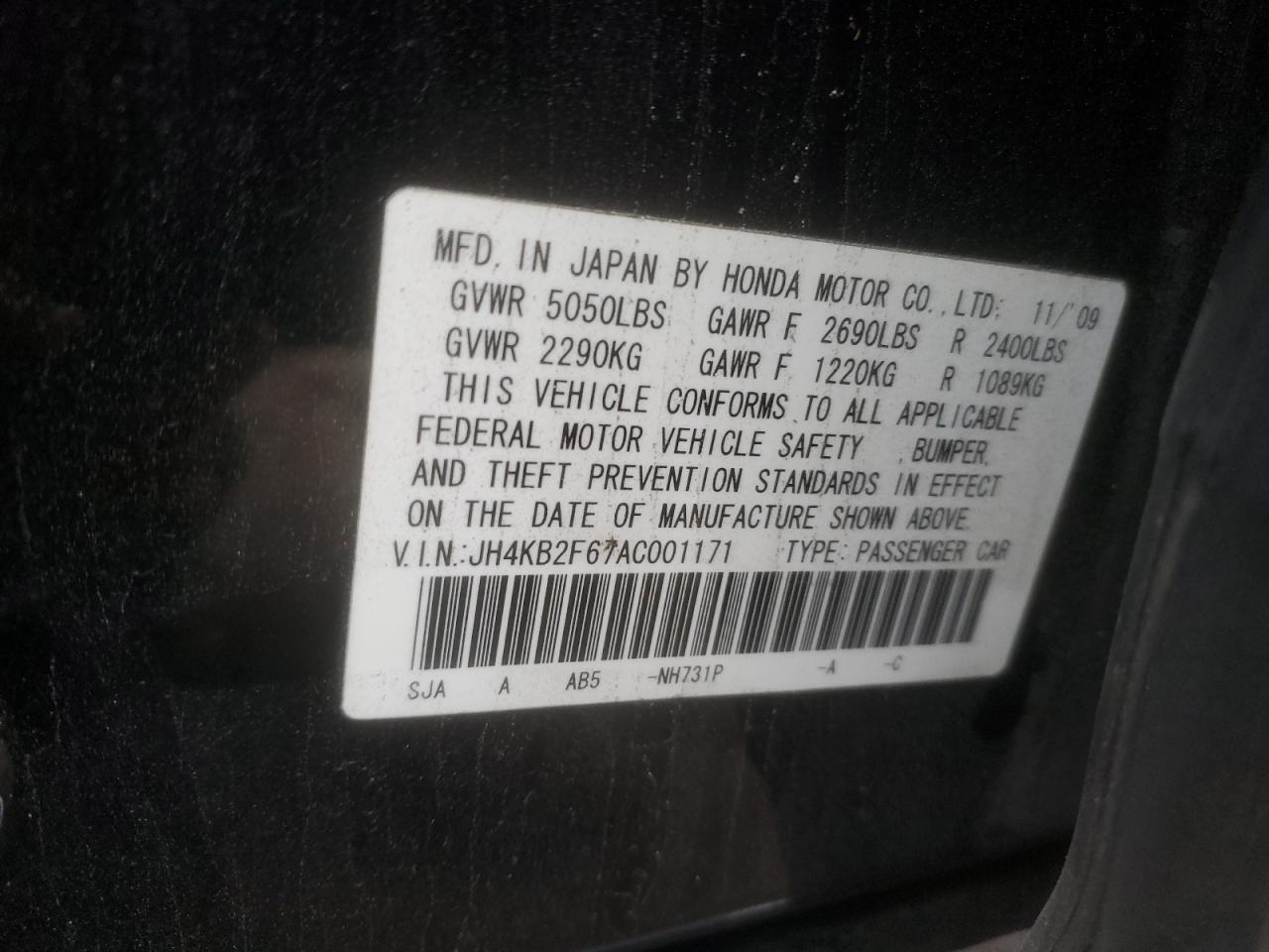 2010 Acura Rl VIN: JH4KB2F67AC001171 Lot: 90427315