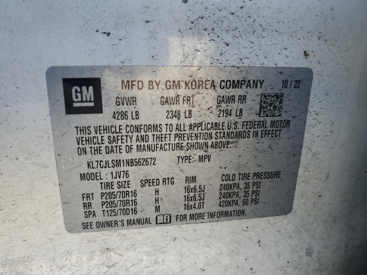 2022 Chevrolet Trax 1Lt VIN: KL7CJLSM1NB562672 Lot: 92025005