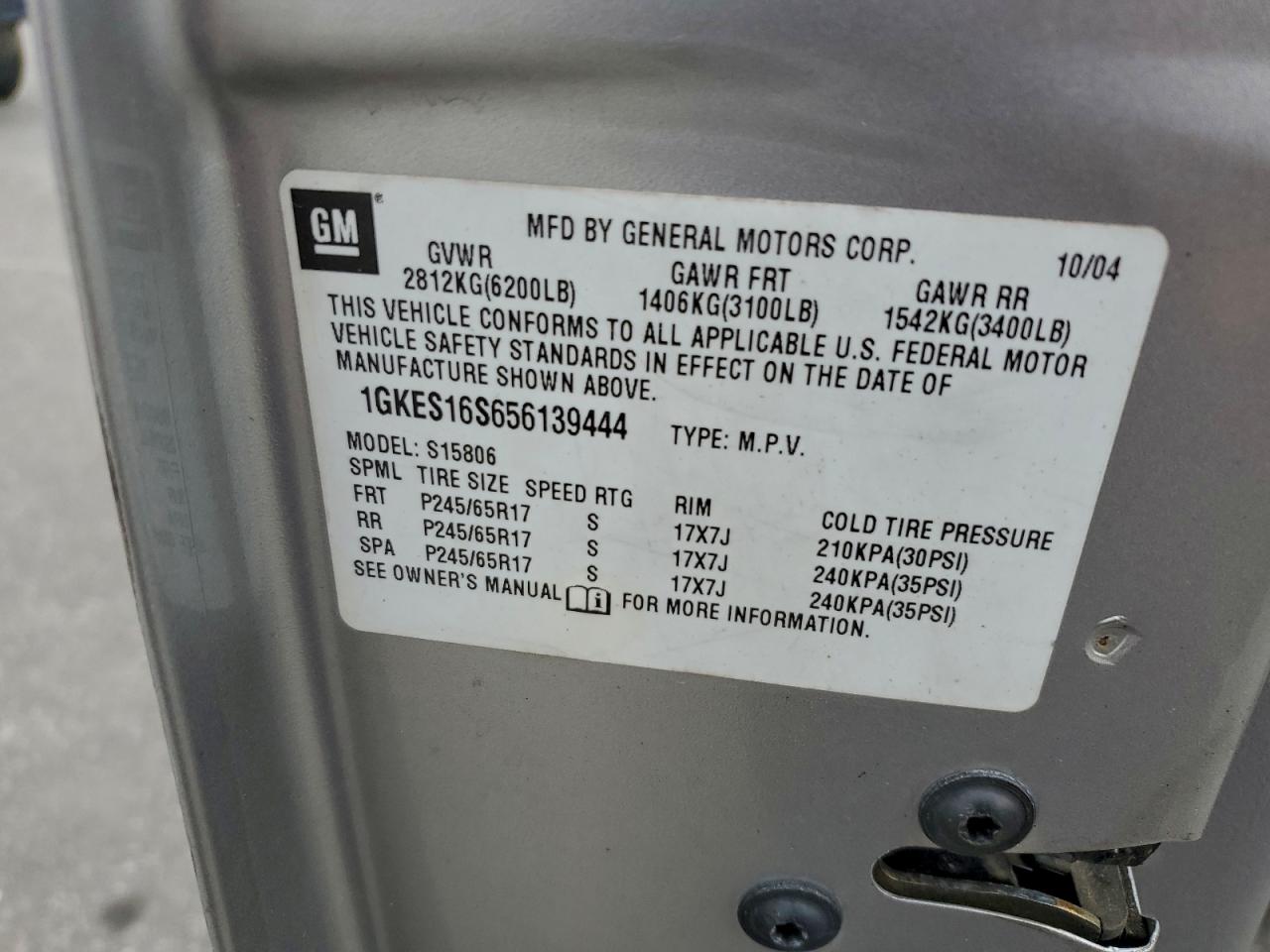 2005 GMC Envoy Xl VIN: 1GKES16S656139444 Lot: 94160845