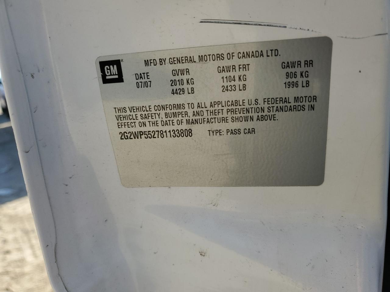 2008 Pontiac Grand Prix VIN: 2G2WP552781133808 Lot: 91974425