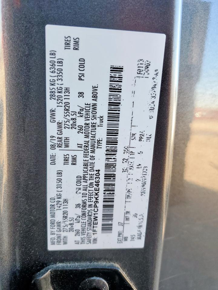 2019 Ford F150 Supercrew VIN: 1FTEW1CP9KKE46304 Lot: 90583565