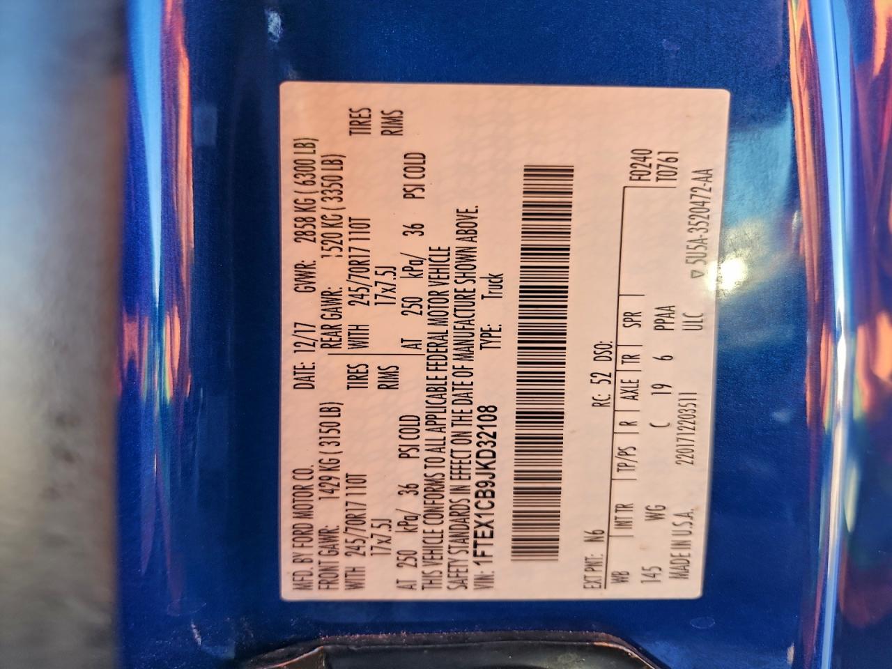 2018 Ford F150 Super Cab VIN: 1FTEX1CB9JKD32108 Lot: 94181875