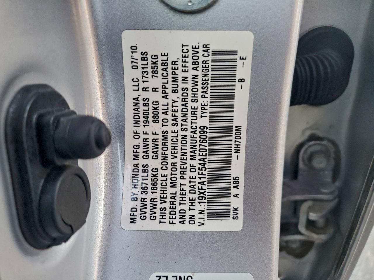 2010 Honda Civic Lx VIN: 19XFA1F54AE076099 Lot: 94370605