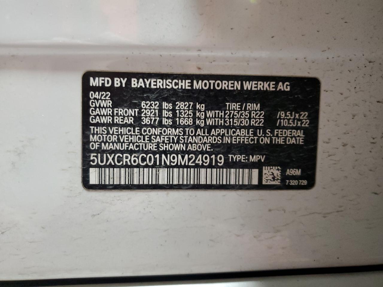 2022 BMW X5 xDrive40I VIN: 5UXCR6C01N9M24919 Lot: 91369075