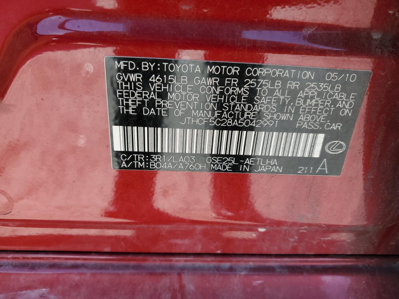 2010 Lexus Is 250 VIN: JTHCF5C28A5042991 Lot: 91780575