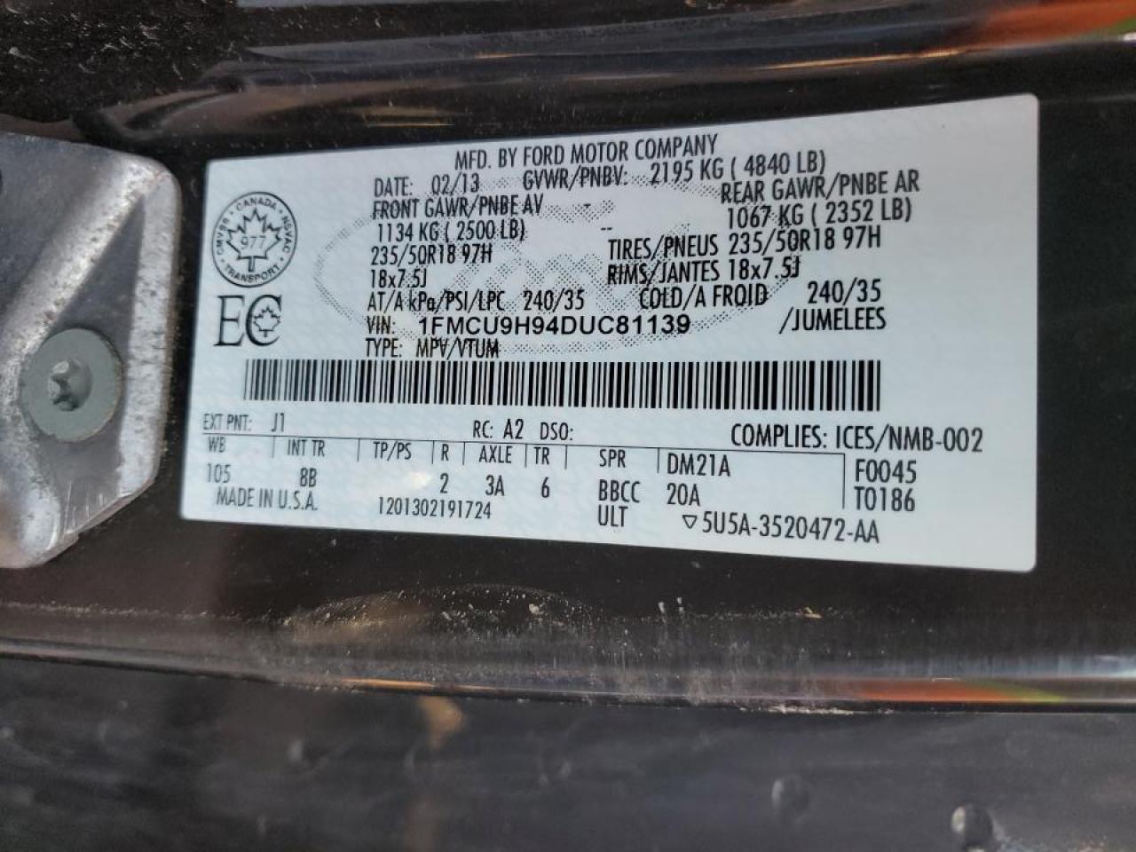 2013 Ford Escape Sel VIN: 1FMCU9H94DUC81139 Lot: 91939315