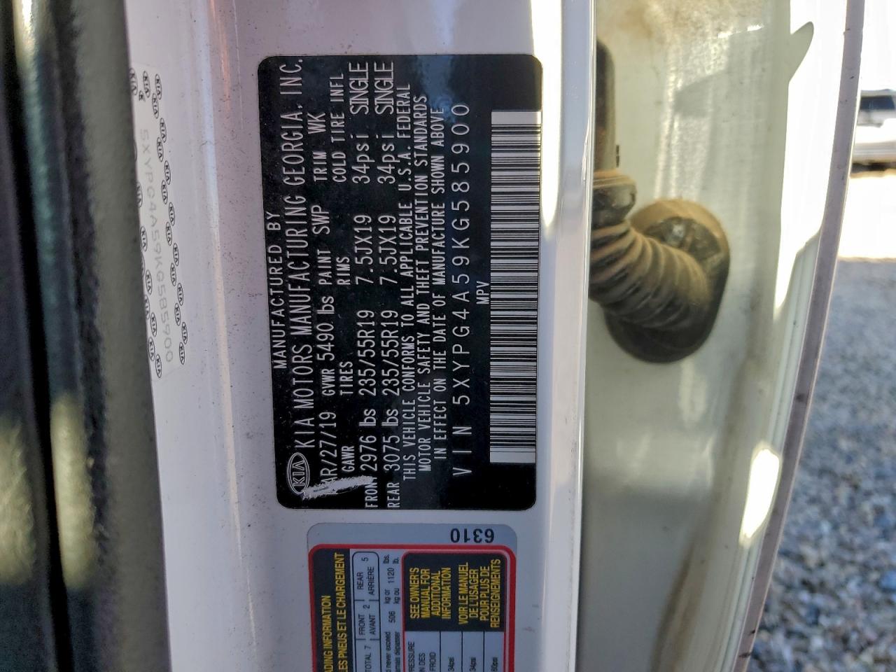 2019 Kia Sorento Lx VIN: 5XYPG4A59KG585900 Lot: 94491185