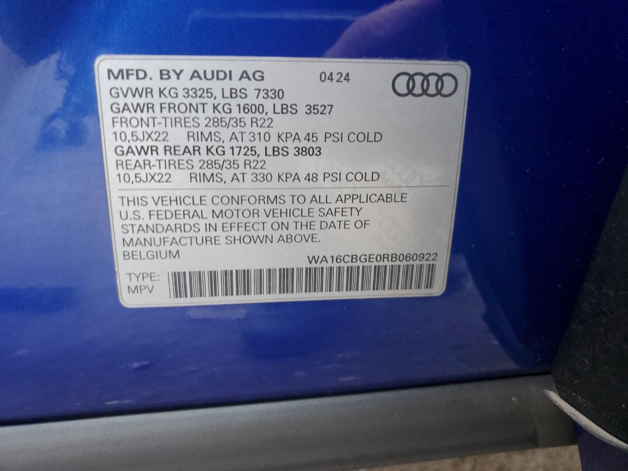 2024 Audi Sq8 E-Tron Prestige VIN: WA16CBGE0RB060922 Lot: 93498195