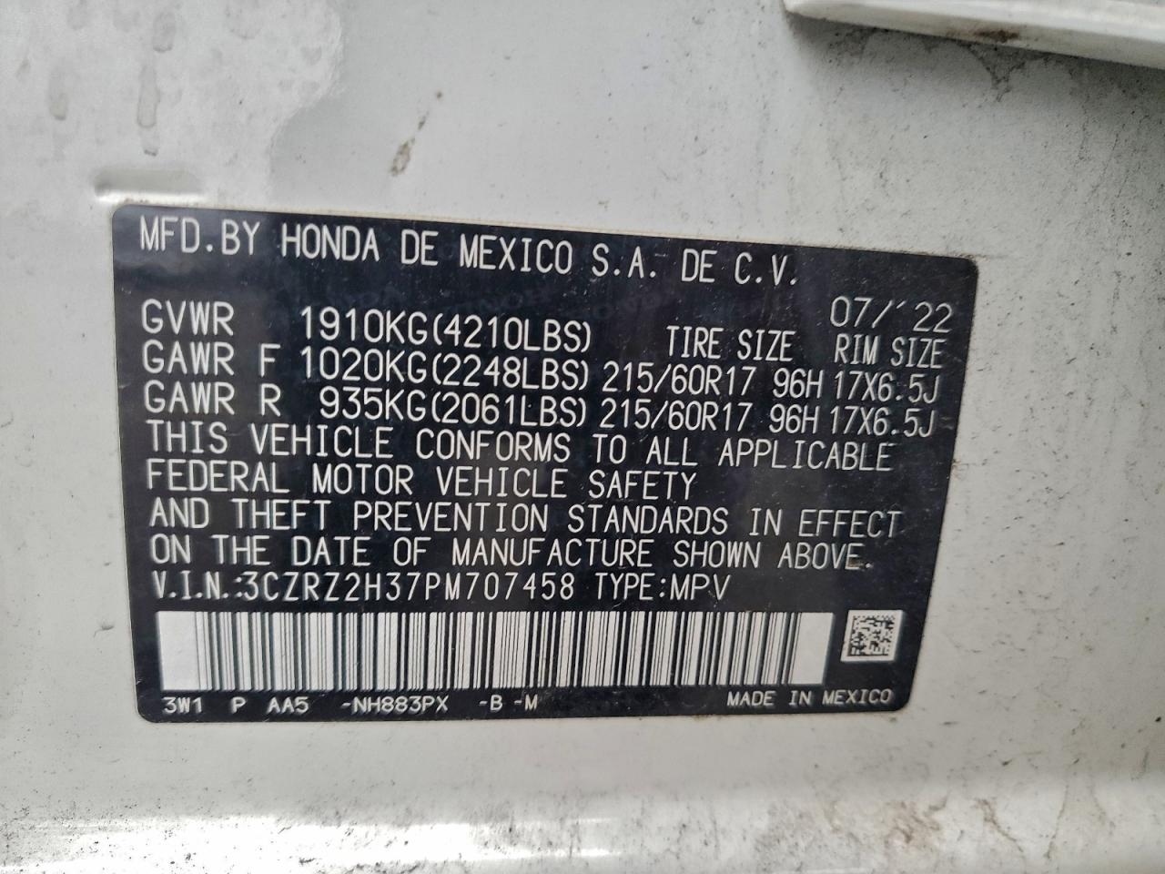 2023 Honda Hr-V Lx VIN: 3CZRZ2H37PM707458 Lot: 93921345