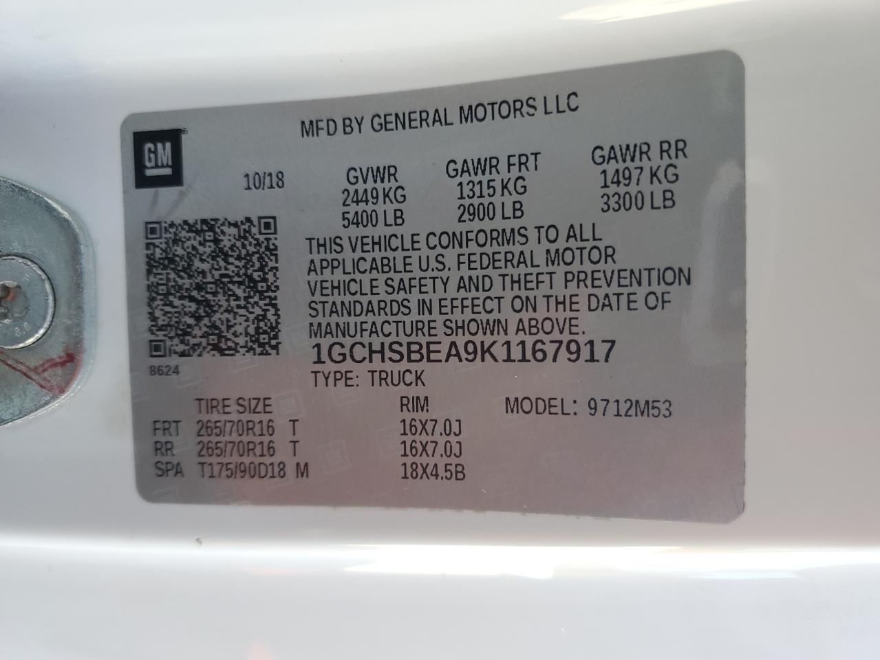 2019 Chevrolet Colorado VIN: 1GCHSBEA9K1167917 Lot: 89616005