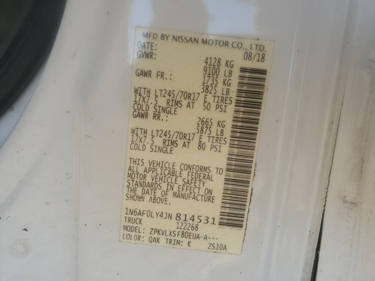 2018 Nissan Nv 2500 Delivery Van VIN: 1N6AF0LY4JN814531 Lot: 92797595