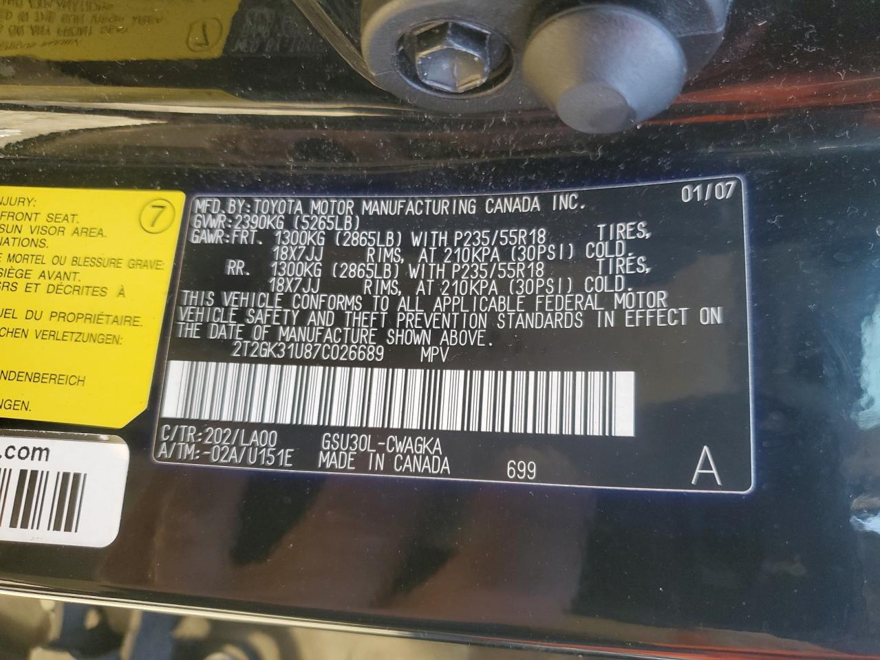 2007 Lexus Rx 350 VIN: 2T2GK31U87C026689 Lot: 92663895