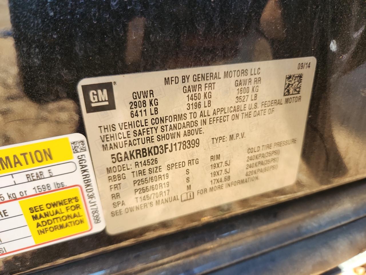 2015 Buick Enclave VIN: 5GAKRBKD3FJ178399 Lot: 93078765