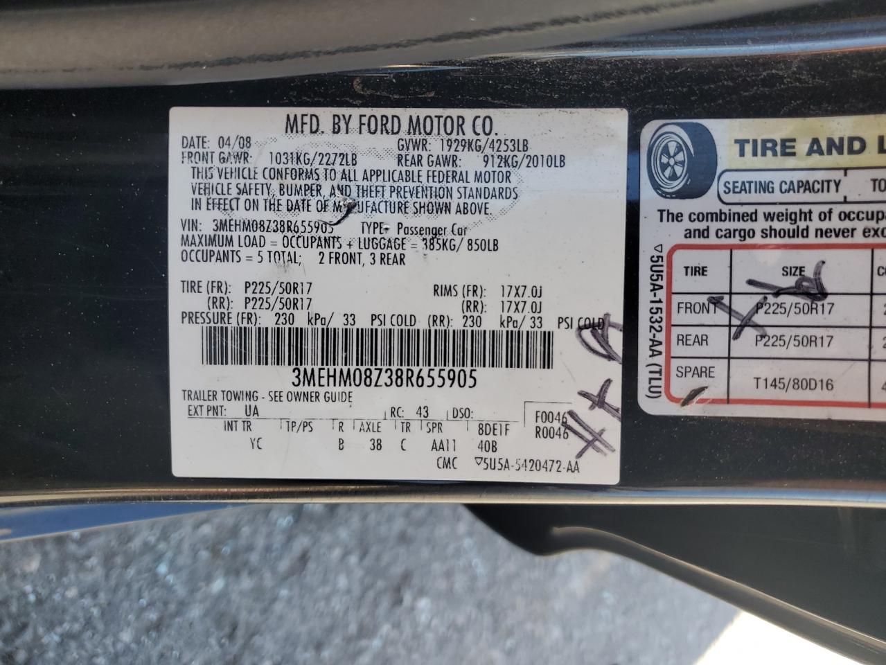 2008 Mercury Milan Premier VIN: 3MEHM08Z38R655905 Lot: 90630585