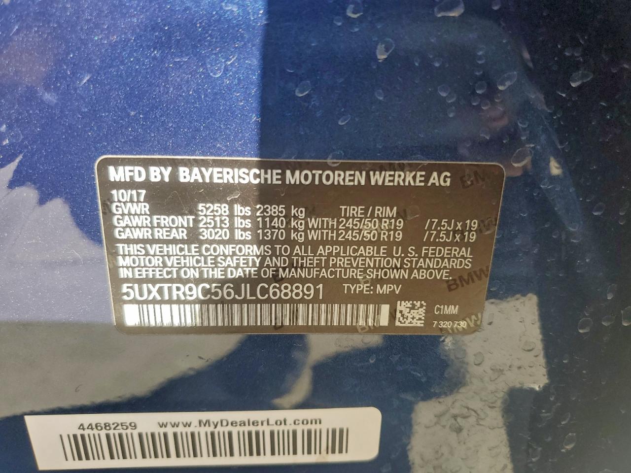 2018 BMW X3 xDrive30I VIN: 5UXTR9C56JLC68891 Lot: 92954825