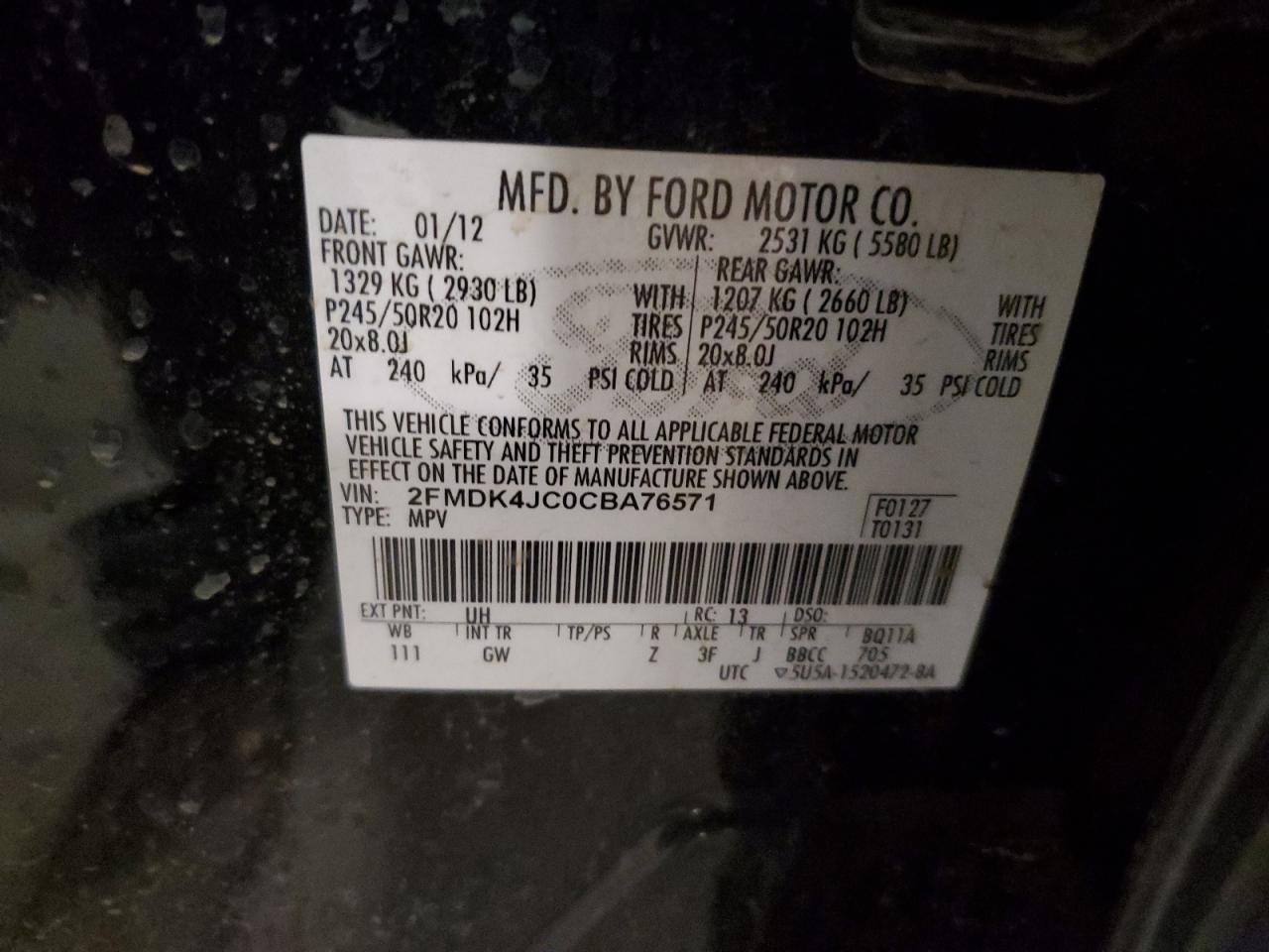 2012 Ford Edge Sel VIN: 2FMDK4JC0CBA76571 Lot: 91567535