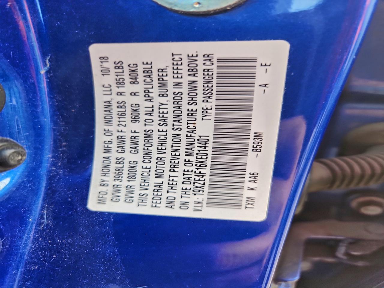 2019 Honda Insight Lx VIN: 19XZE4F16KE014401 Lot: 92125035