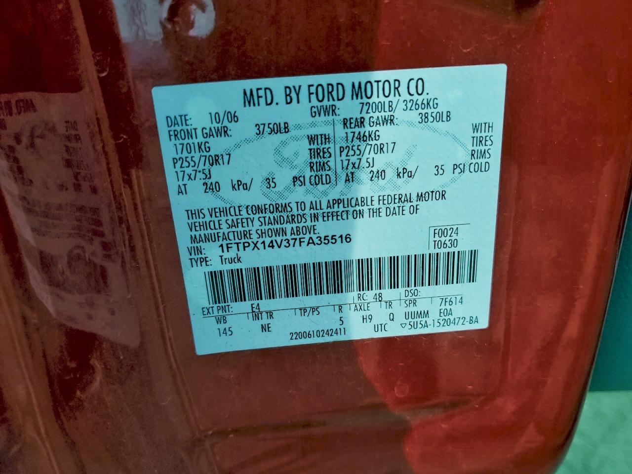 2007 Ford F150 VIN: 1FTPX14V37FA35516 Lot: 92738565