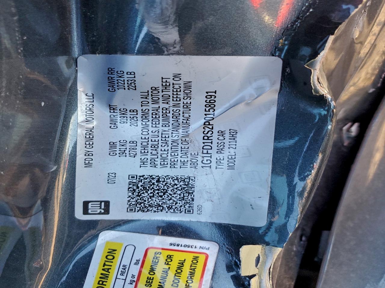 2023 Chevrolet Camaro Lt VIN: 1G1FD1RS2P0158691 Lot: 94300025