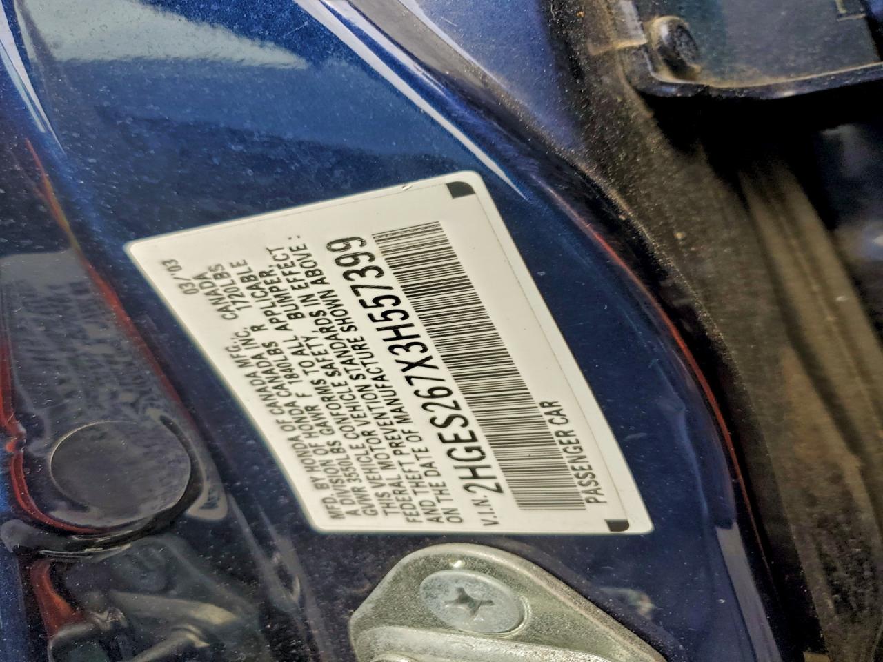 2003 Honda Civic Ex VIN: 2HGES267X3H557399 Lot: 93721635