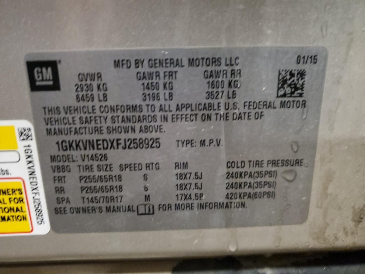 2015 GMC Acadia Sle VIN: 1GKKVNEDXFJ258925 Lot: 92672215