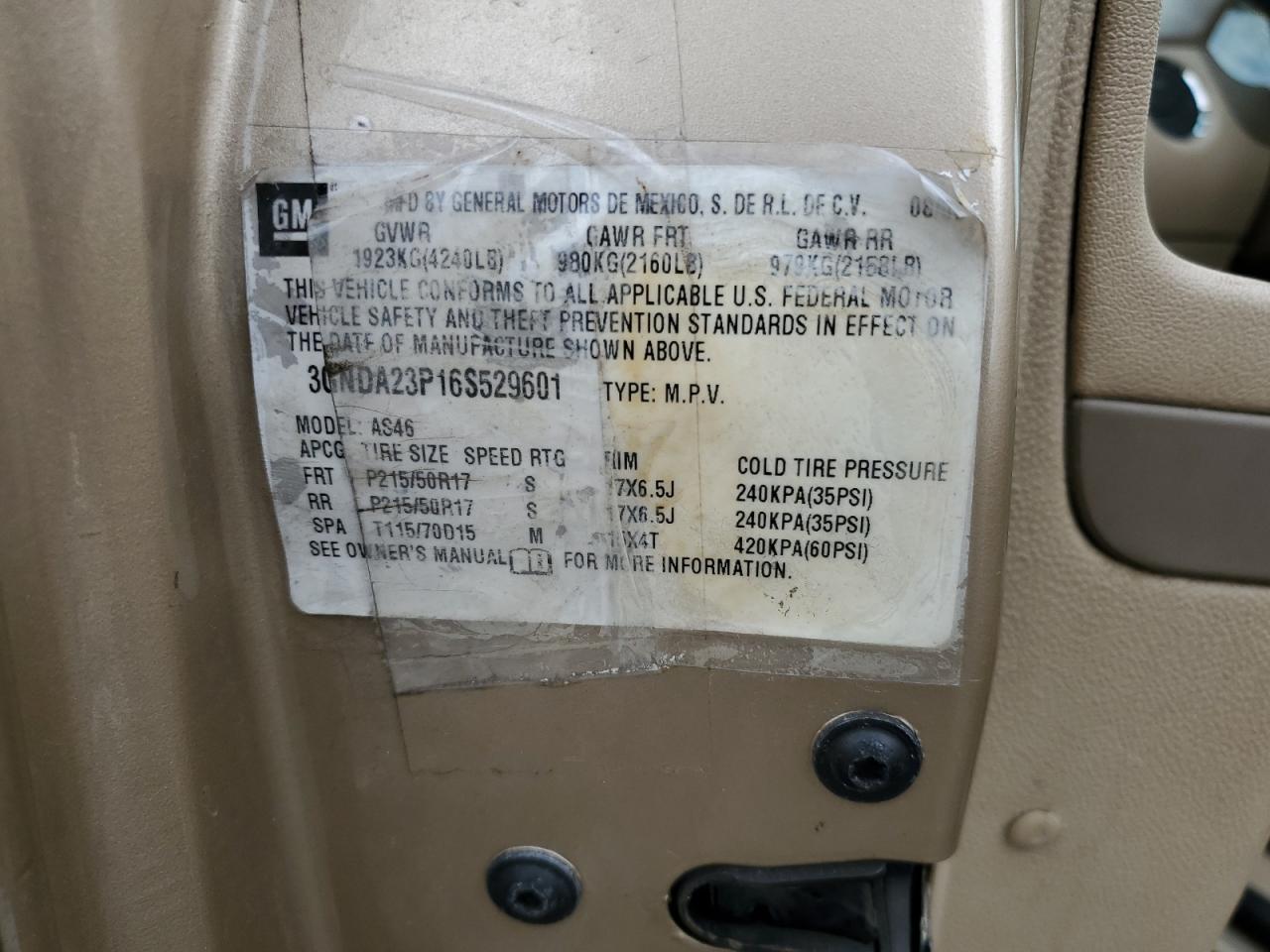 2006 Chevrolet Hhr Lt VIN: 3GNDA23P16S529601 Lot: 92541995