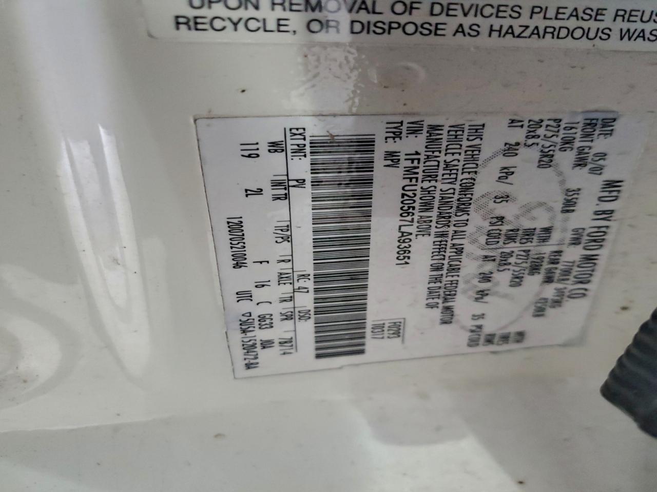 2007 Ford Expedition Limited VIN: 1FMFU20567LA93651 Lot: 94285415