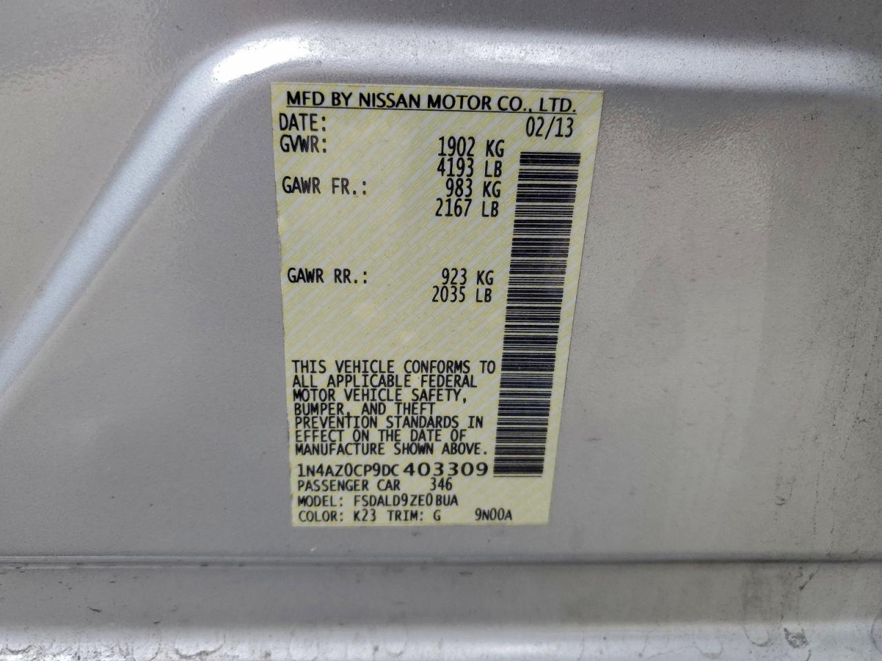 2013 Nissan Leaf S VIN: 1N4AZ0CP9DC403309 Lot: 94303945