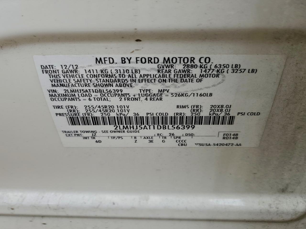 2013 Lincoln Mkt VIN: 2LMHJ5AT1DBL56399 Lot: 94041545