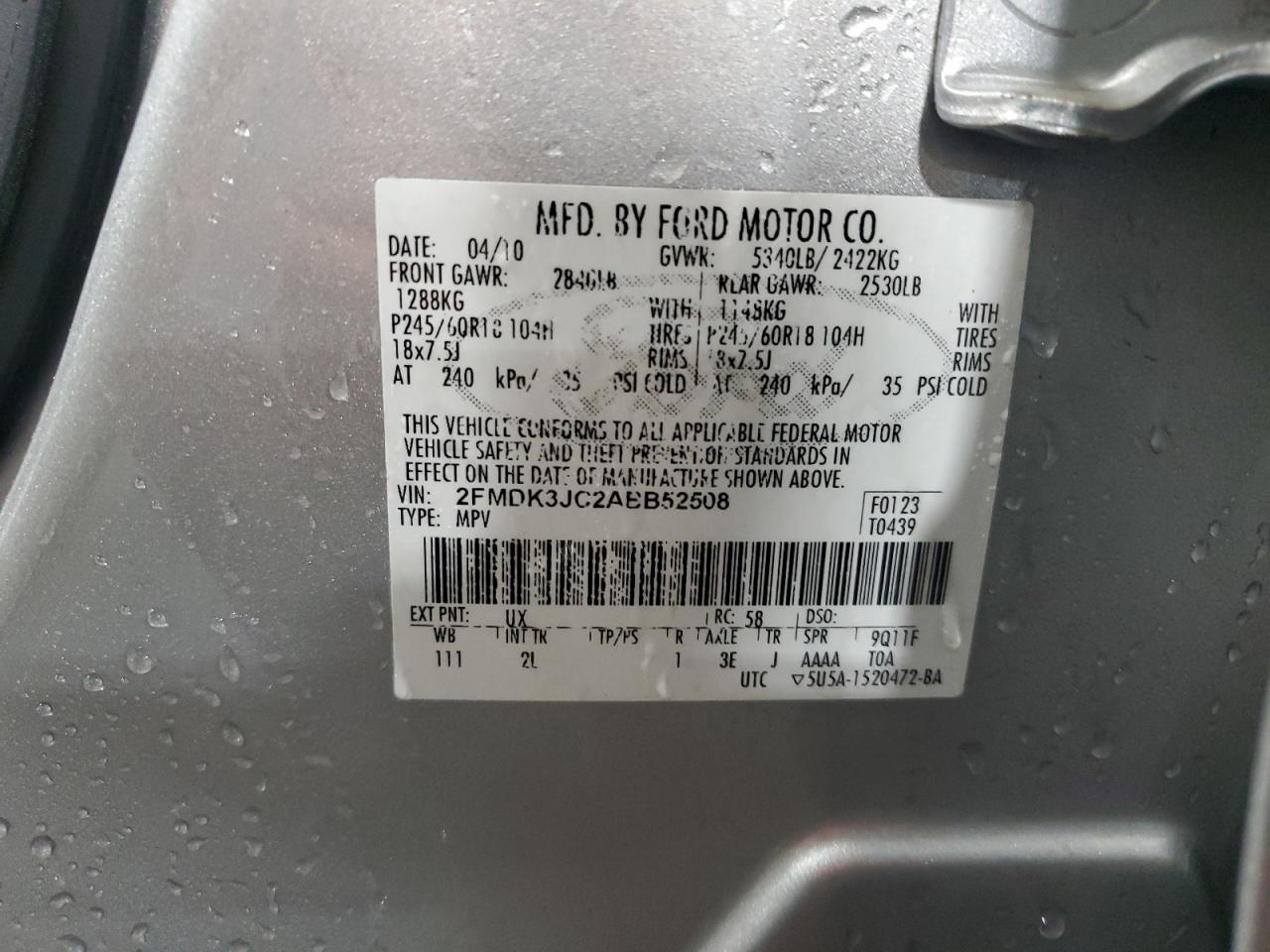 2010 Ford Edge Sel VIN: 2FMDK3JC2ABB52508 Lot: 93614685