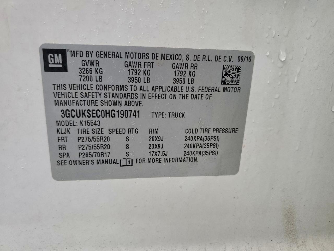 2017 Chevrolet Silverado K1500 Ltz VIN: 3GCUKSEC0HG190741 Lot: 94138715