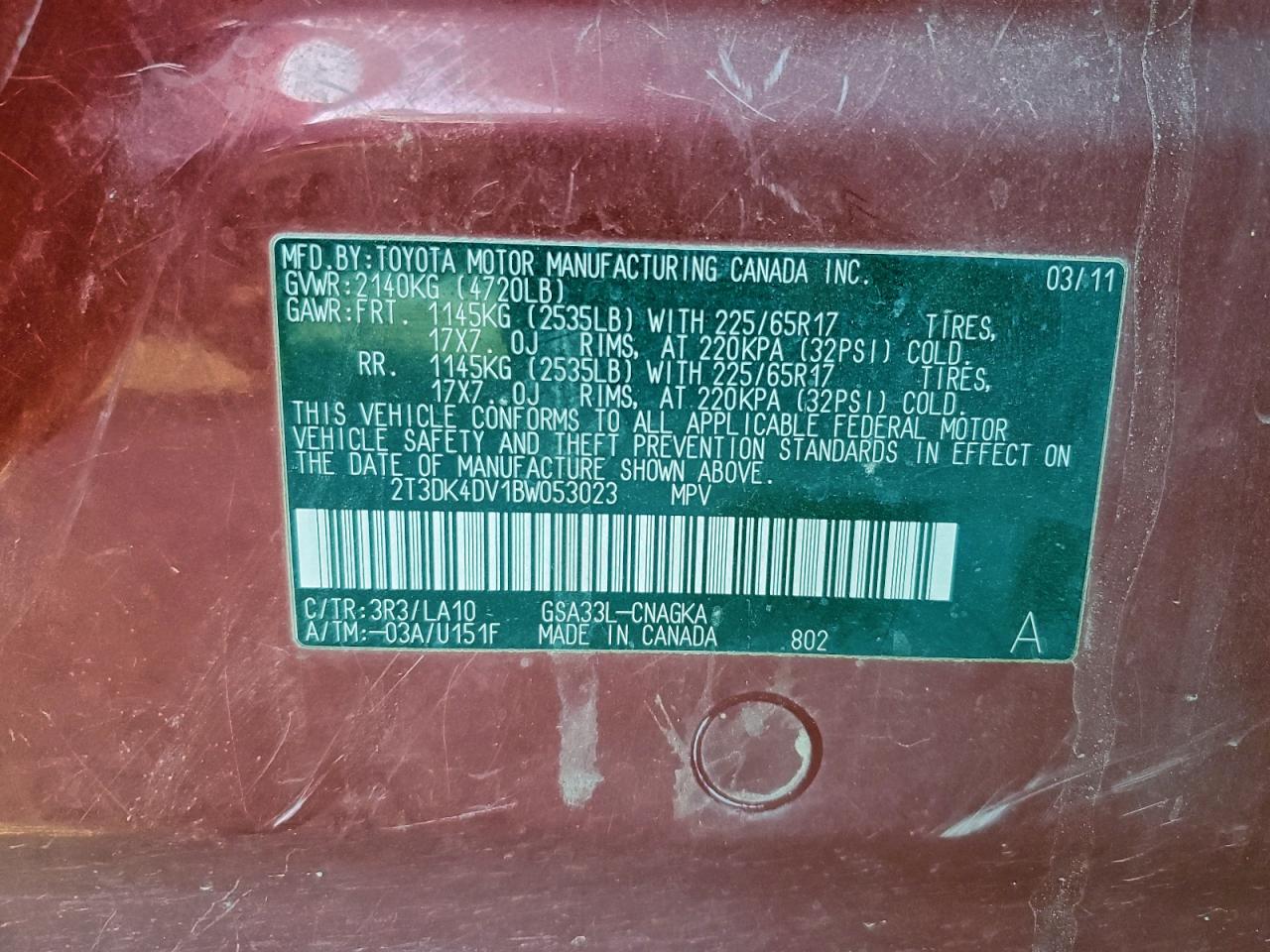 2011 Toyota Rav4 Limited VIN: 2T3DK4DV1BW053023 Lot: 94534805