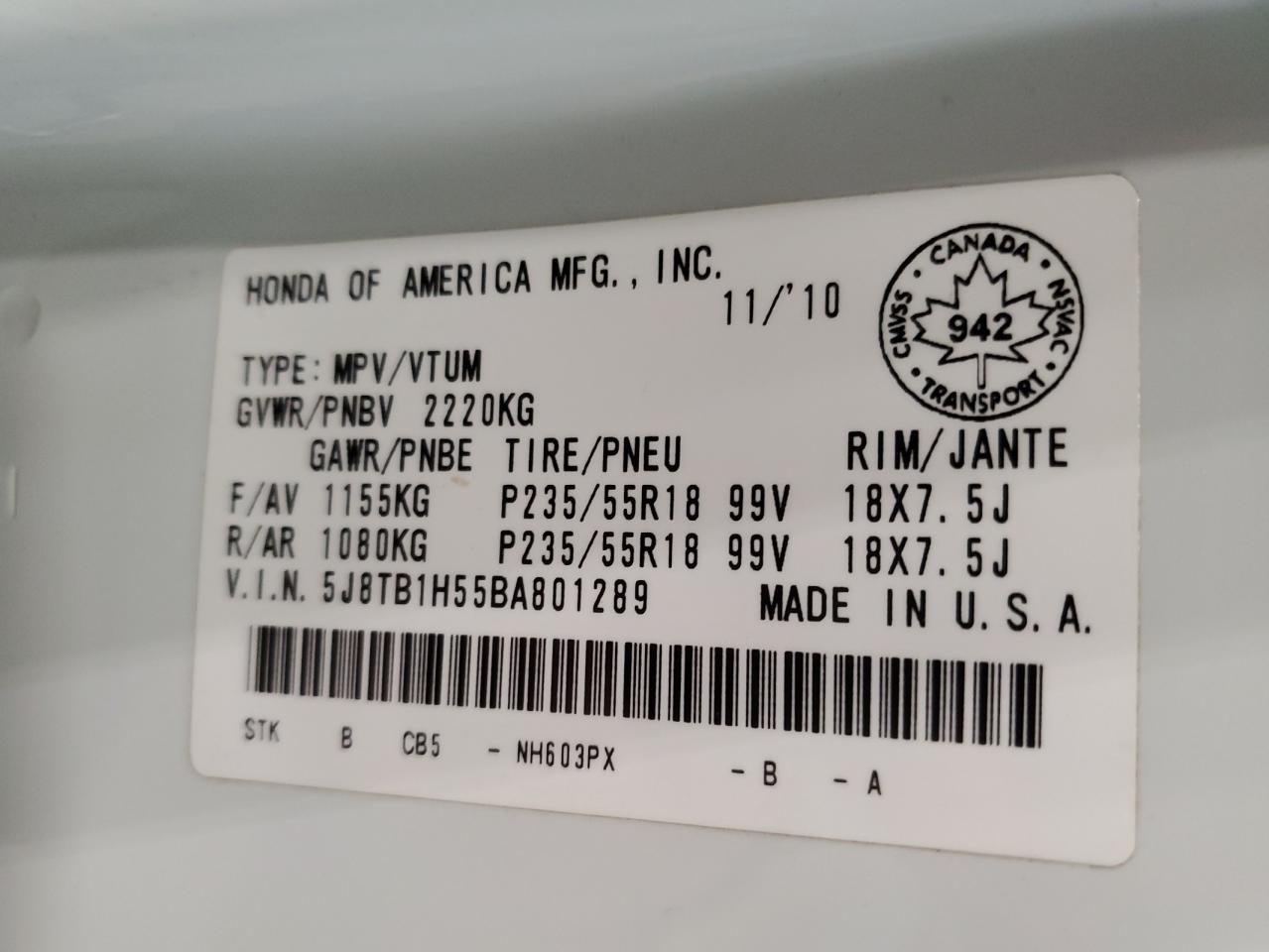 2011 Acura Rdx Technology VIN: 5J8TB1H55BA801289 Lot: 91678595