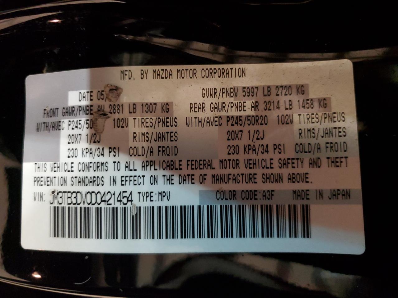 2013 Mazda Cx-9 Grand Touring VIN: JM3TB3DV0D0421454 Lot: 92882615